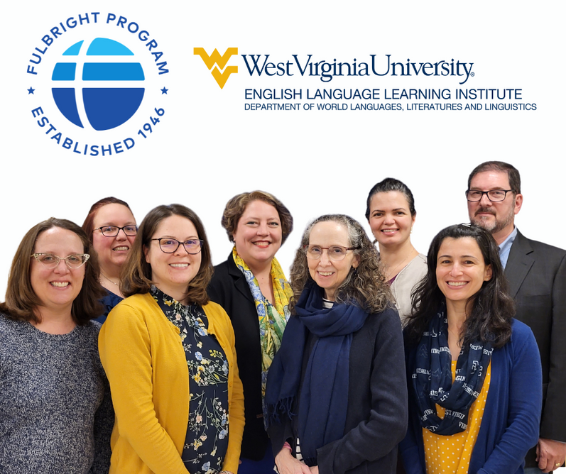 The English Language Learning institute team poses for a photo, all members wearing blue and gold. 