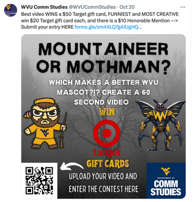 Mountaineer v Mothman debate poster with QR code to enter and Comm Studies logo and a cartoon of both characters