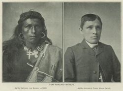 Picture of Tom Torlino, Navajo, as he entered the Carlisle Indian School in 1882. He is dressed in traditional garb, has long hair, and has a dark skin tone. Next to that figure is another picture of Tom three years later with short hair and a light tone.