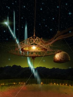 Figure Credit: Danielle Futselaar — The 305-m Arecibo telescope and its suspended support platform of radio receivers is shown amid a starry night. From space, a sequence of millisecond-duration radio flashes are racing towards the dish, where they will be reflected and detected by the radio receivers. Such radio signals are called fast radio bursts, and Arecibo is the first telescope to see repeat bursts from the same source.