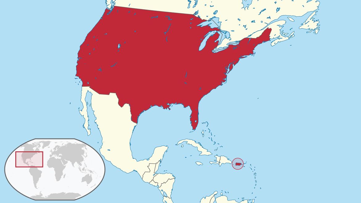 North America map with the United States colored in red and Puerto Rico circled in red. 