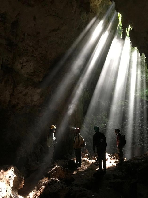 A group of researchers in a cave appears as shadows in front of sunlight streaming through a hold in the cave roof.
