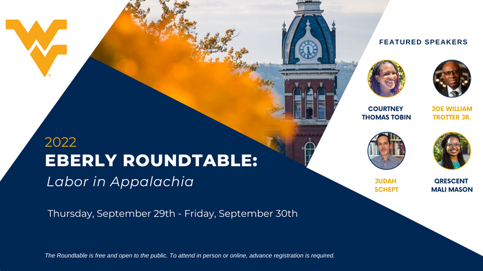 Eberly Roundtable flyer with photos of the speakers and a photo of Woodburn Hall
